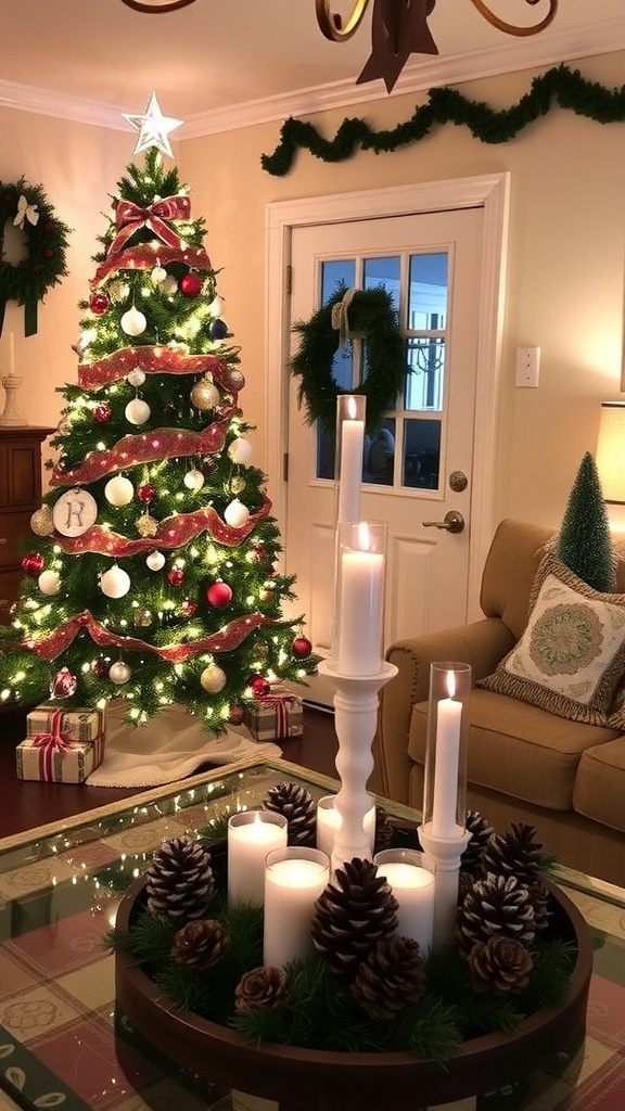 A festive living room with a decorated Christmas tree, DIY wreath, and table centerpiece.